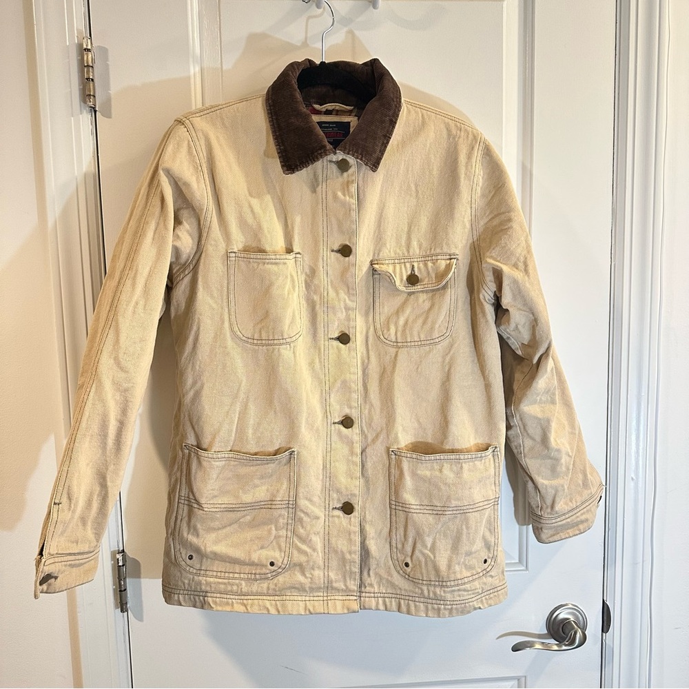 Vintage 90s Chore Workwear Canvas Jacket, Plaid Flannel Lining, Corduroy Collar